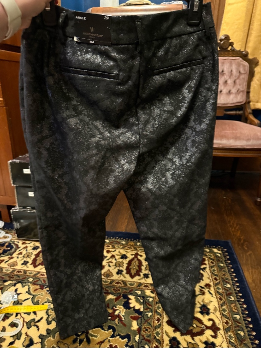 Black Brocade Straight-Leg Dress Pants With Shimmer Detail - Picture 2 of 3